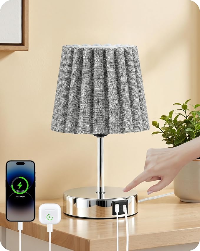 Small Bedside Table Lamp, Touch Dimmable Table Lamp with USB Ports, Nightstand Lamp with a Stepless Dimming LED Bulb, E26 Base, for Bedroom, Study, Desk, Glossy Gray and Gray PSH16TL05