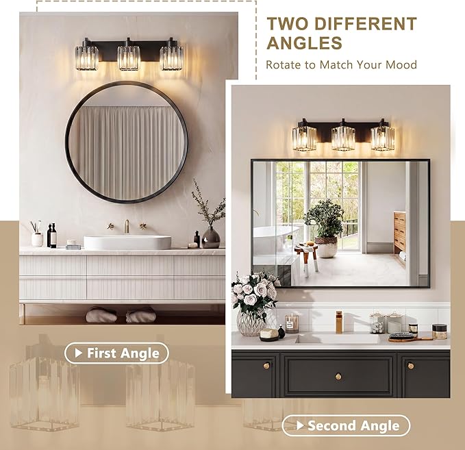 Modern Bathroom Vanity Light, 3-Light K9 Crystal Bathroom Lighting Fixtures Over Mirror, Black Vanity Light with Square Shade
