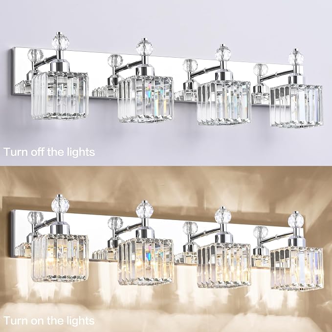 PRESDE Crystal 4 Light Bathroom Vanity Lights Chrom Vanity Light for Bathroom Over Mirror Modern Bath Wall Lighting
