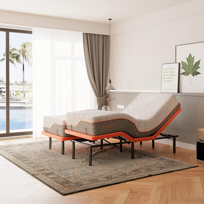 ESHINE Split King Adjustable Bed with 12" Hybrid Matt, 3000 Series | Luxury Memory Foam(Medium), Upholstered Bed Frames with Massage, Wireless Remote, Under Bed Night Light, Head/Foot Incline