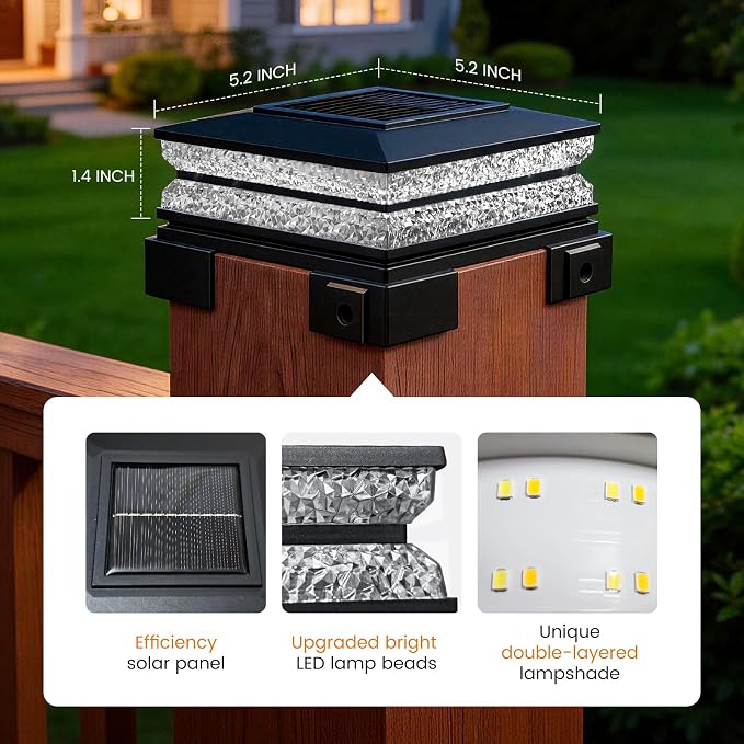 APONUO Solar Post Cap Lights Outdoor, 3 CCT & 2 Brightness Deck Post Lights Solar Powered for 4x4 5x5 6x6 Vinyl Wooden Posts, Waterproof Dusk to Dawn Fence Deck Lights for Patio Garden, Black, 6-Pack