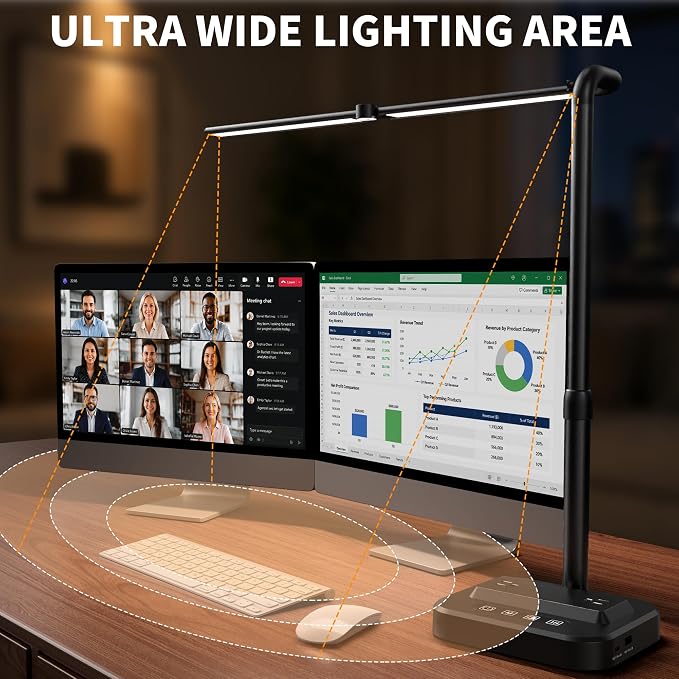 LED Desk Lamp, Ultra Wide Computer Light, Dimmable Desk Light with USB Fast Charging, Adjustable Foldable Eye Caring Office Desk Lamp for Monitor Work Gaming Home Study