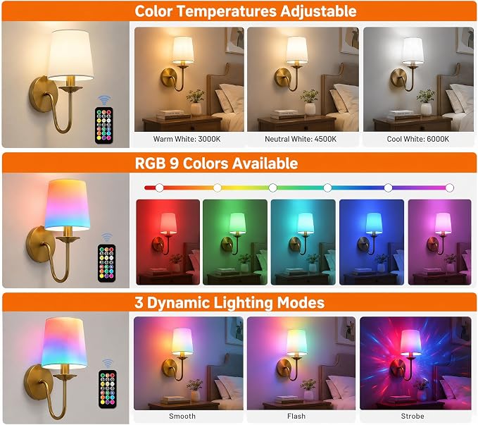 Rechargeable Wall Sconces Set of 2, 10000mAh Magnetic LED Bulb Wall Lights, 9 RGB Colors 3 CCT Dimmable, Battery Operated Cordless Wall Scone Lamp for Bedroom Living Room Home Decor