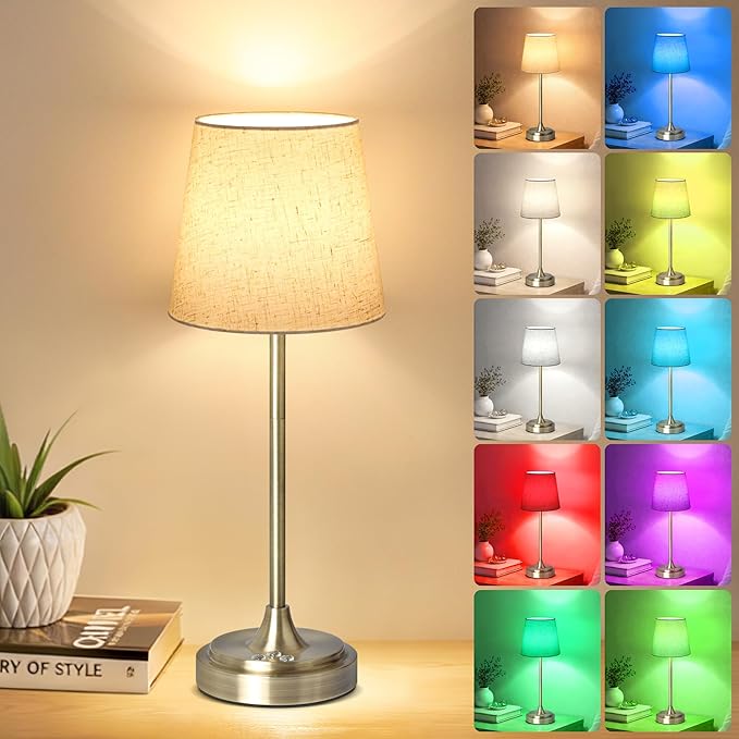 Wowag Cordless Table Lamp Rechargeable,5000mAh Battery Operated Desk Lamp,3 Colors & 7 RGB Stepless Dimmable,Touch Ambient Light for Bedside,Bedroom,Dining Room,Living Room,Bronze,FlaxenShade