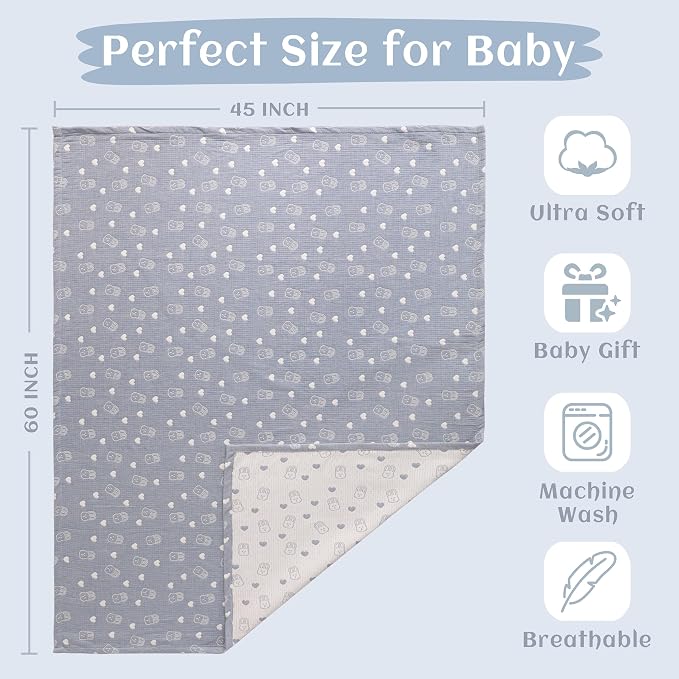 NTBAY 3 Layer Oversized Muslin Toddler Blanket, 45 x 60, Blue Rabbit | Muslin Cotton Outer Layers with Light Thermal Fiber Fill, Reversible Blanket for Daycare, Travel, Naps, and Supervised Use