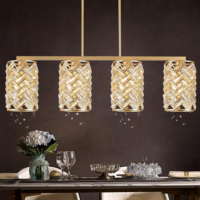 CATINER 40" Gold Crystal Linear Chandelier, 4-Light Kitchen Island Pendant | 40-inch gold crystal linear chandelier with adjustable height, 4 E26 lights, dimmable for kitchen islands and dining rooms