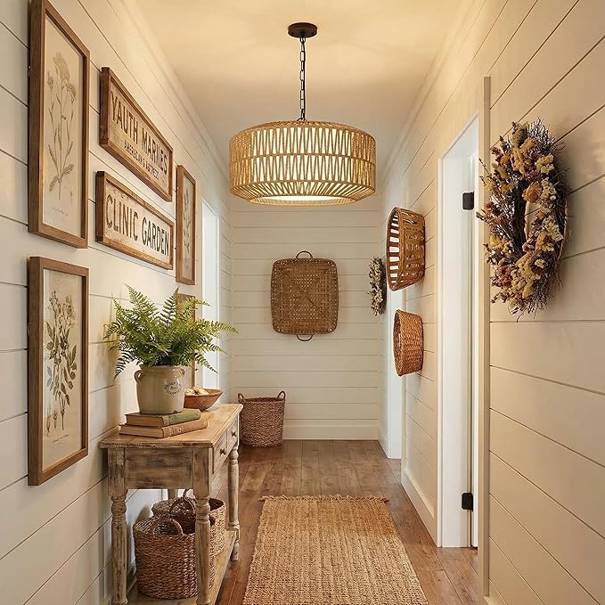 Farmhouse Chandelier Light Fixture, 5-Light Rattan Boho Chandeliers for Dining Room, Hand Woven Pendant Light with Linen Shade, Rustic Hanging Lighting for Kitchen Island, Bedroom (Bulb Not Included)