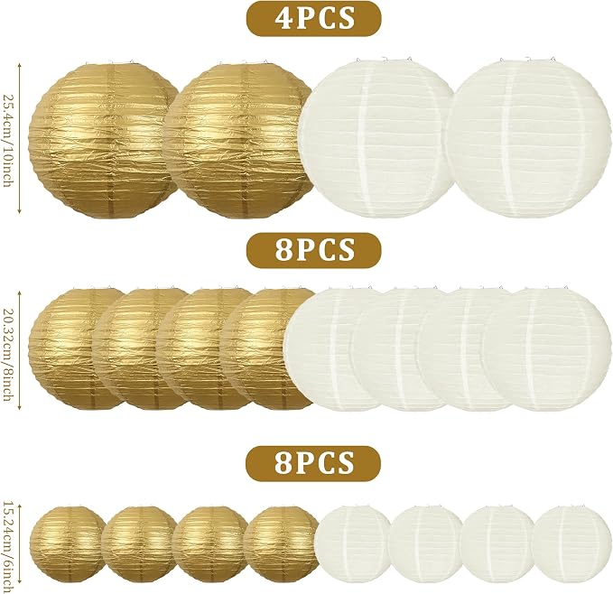 20Pcs Paper Lanterns Decorative, Gold and Ivory 6"8"10" for Home Decor | Round Hanging Paper Lanterns Decorations for Rustic Party Bridal Shower Wedding Engagement Birthday Classroom Ceiling Decor
