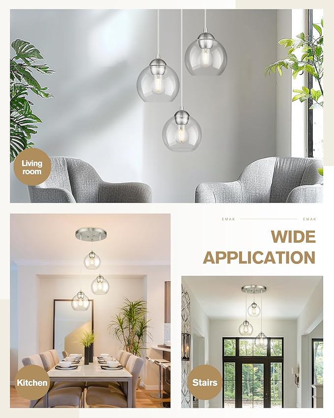 Emak Brushed Nickel Pendant Light, 3-Light Pendant Lights Kitchen Island with Clear Glass Shade, Cluster Globe Hanging Light Fixture for Kitchen, Bedroom, Bathroom, Dining Room, PL119-BN-CL