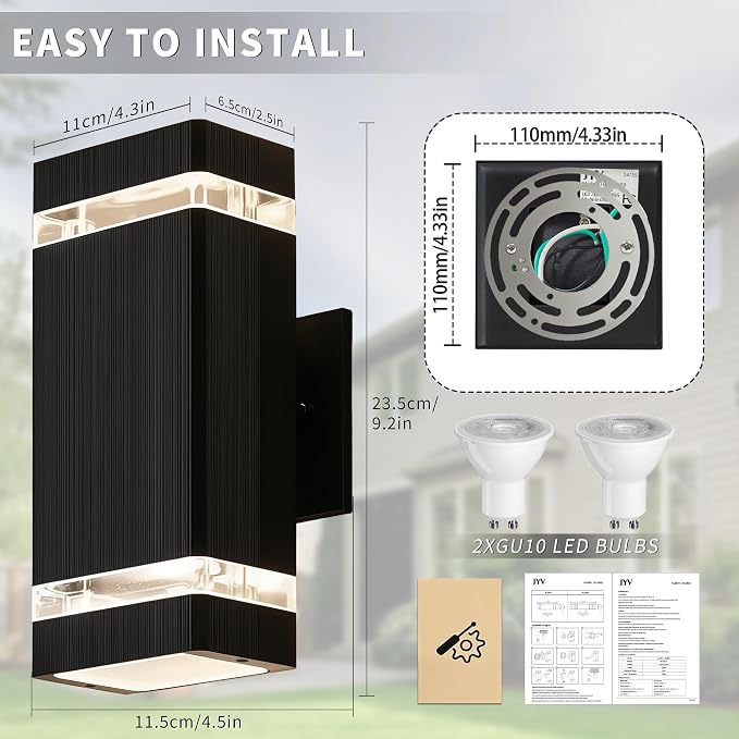JYV Square Outdoor Wall Lights, Up and Down Porch Lights, Black 4 Pack | Aluminum Exterior Lighting Fixtures with 2 * 7W Bulbs 3000K, Waterproof Outdoor Sconces Wall Lighting, for House Porch Garage