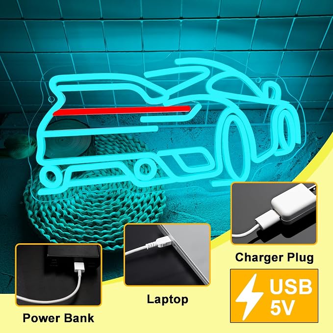 Foxiden Blue Sports Car Neon Sign, Dimmable LED Trendy Sports Car Shape Garage Neon Light, USB Powered for Garage Bar Party Boys Room Game Room Bedroom Man Cave Birthday Holiday Gift (15.7x8.3)