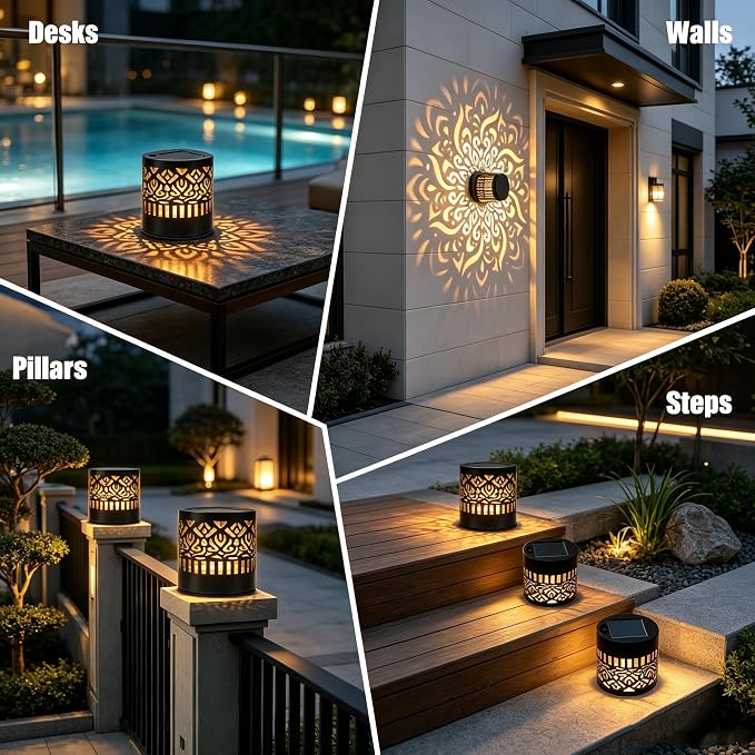 Solar Mandala Outdoor Wall Lights, 4 Pack 7 Color Changing Metal Fence Lanterns, Waterproof Solar Powered Deck Step Stair Lights for Garden Patio Yard Landscape Decor