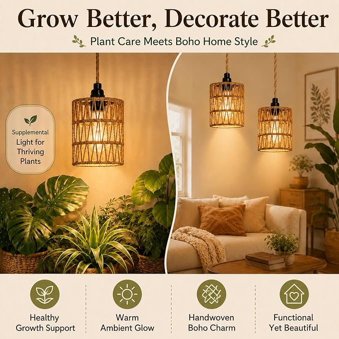 2 Pack Hanging Grow Lights for Indoor Plants Boho Rattan Plant Light | 15FT Power Cord with Timer, 15W Full Spectrum Pendant Plant Lights for Indoor Growing Greenhouse Flowers Home Decor