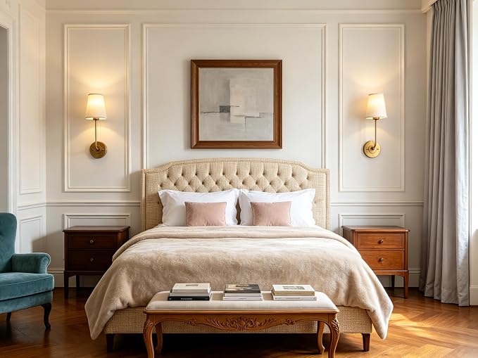 Set of 2 Rustic Wall Sconce Antique Brass Gold Sconce | Sconce Light Fixture with Flared Funnel Linen Fabric Shade Nightstand Lamps for Bedrooms Bedside Reading