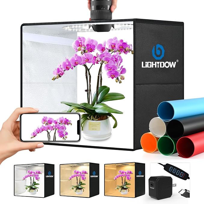 Lightdow 24"x24"x24" Photo Studio Light Box Photography with 300 LEDs(CRI>95) & Type-C Plug(35W)+Cable,6 Backdrops-Portable/Dimmable Folding Shooting Tents for Toys/Jewelry/Bonsai/Bags/Suitcases