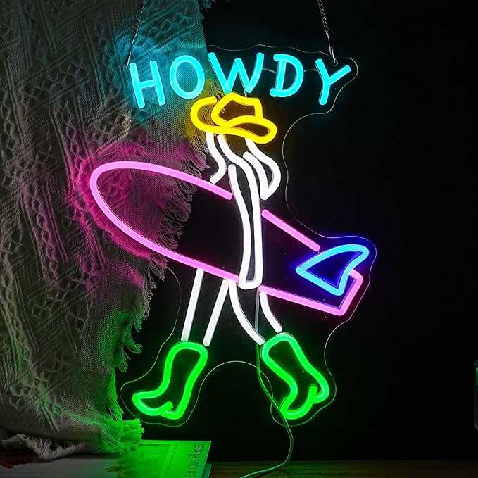 Surfer Neon Sign LED USB Howdy Cowboy Light Up Sign for Wall Decor Dimmable Lady Surfboard Neon Light for Seaside Sand Beach Surf Clubs Cowboy Room Decor(Multicolored)