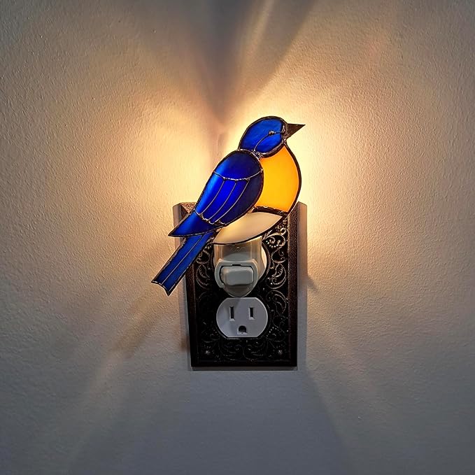 Gift Essentials Bluebird Plug in Night Light - Stained Glass Nightlight with On/Off Rocker Switch - Includes One 4 Watt Replaceable Incandescent Warm Glow Bulb