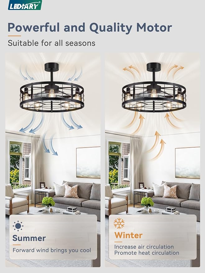 LEDIARY 26 inch Fandelier Caged Ceiling Fan with Light and Remote, Black | 6 Speed Adjustable,Timing, Quiet & Powerful DC, Large, Farmhouse, Industrial, Enclosed, Bladeless, Bedroom, Kitchen, Downrod