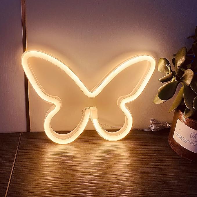 Butterfly Neon Signs 2Pieces,LED Neon Light for Wall Office Dorm Wedding Birthday Party Room Wall Decor,Butterfly Decorations Light for Teen Girls,USB or 3-AA Battery Powered(Warm White+Pink)