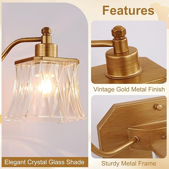 Gold Bathroom Light Fixtures, 4-Light Bathroom Vanity Light with Crystal Glass Shade, Matte Antique Gold Finish Vintage Vanity Light, Brushed Gold Vanity Lights for Bathroom, Bedroom, Hallway
