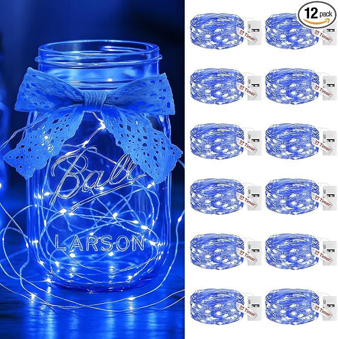 litogo 12 Pack Blue Fairy Lights Battery Operated with Timer, 20 LED 3 Modes Twinkle Light, 7ft Waterproof Silver Wire Mini Small Bulk Mason Jar String Light, Decor for Wedding Party Christmas