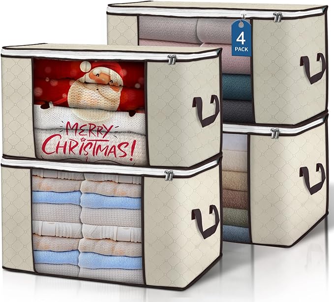 90L Large Storage Bags, 4 Pack Clothes Storage Bins Closet Organizers | Foldable Storage Containers, with Reinforced Handle, for Clothing, Blanket, Comforters, Bed Sheets, Pillows and Toys