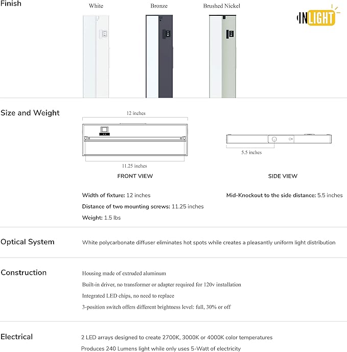 Getinlight 12-inch 3 Color Levels LED Under Cabinet Lighting, Hardwired or Plugged-in, Selectable White 2700K/3000K/4000K, Dimmable, White Finished, IN-0210-1