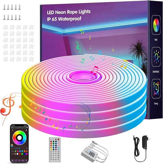 NBBUFF 50FT RGB Led Neon Rope Lights Outdoor with Remote & App Control | (1 Roll) Music Sync Led Strip Lights Color Changing, Neon Led Light Strip,DIY Flexible Led Lights For Bedroom, Gaming, Party