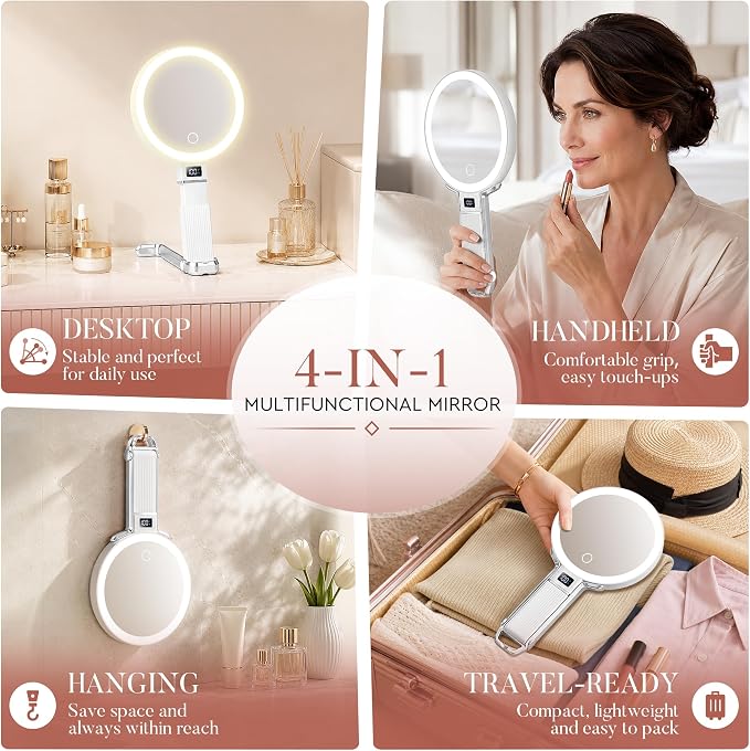 MIYADIVA Upgraded Gen 2 Travel Makeup Mirror with Lights, Height Adjustable 30X/1X Magnifying Mirror, Portable Foldable Mirror with Digital Display & Phone Holder, Handheld Tabletop Hanging