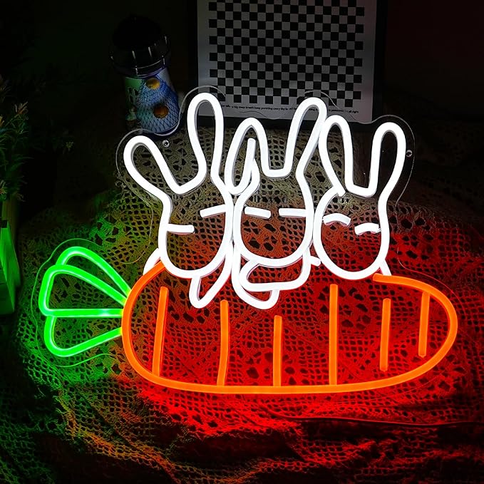 Rabbit Carrots Neon Sign Led Easter Neon Light For Wall Decor Light Up Carrots Sign USB Powered Rabbit Neon Light Signs For Art Restaurant Easter Party Animal kindergarten Room Childrens Birthday Gifts (16.9‘’*12.6‘’）