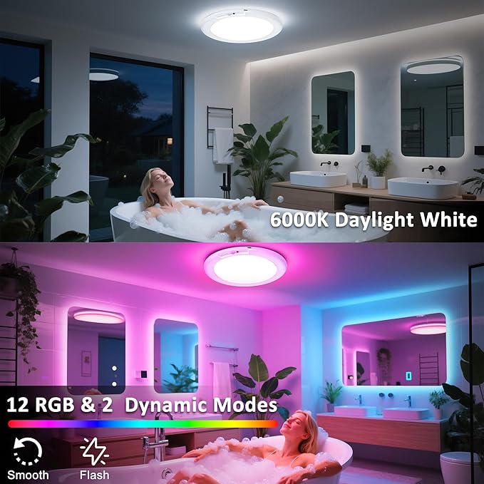 maylit 4 Pack Rechargeable Shower Lights with Motion Sensor | RGBW Waterproof Wireless Ceiling Lights for Bathrooms, Showers and Indoor Spaces