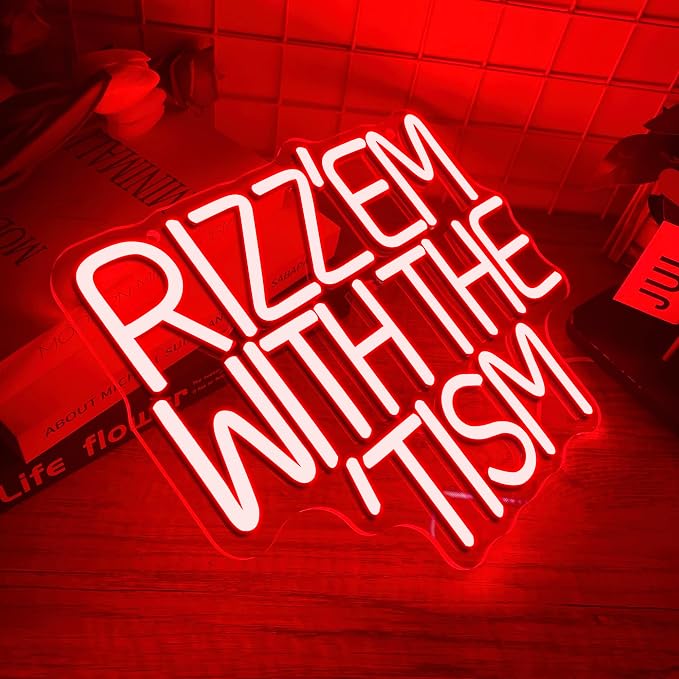 Rizz 'Em With The Tism Neon Signs for Wall Decor,Dimmable Autistic Humor Autism Awareness Neon Light,USB Neon Light for Man Cave Bedroom Kid Classroom Birthday Party Gifts (12.9 * 11in)