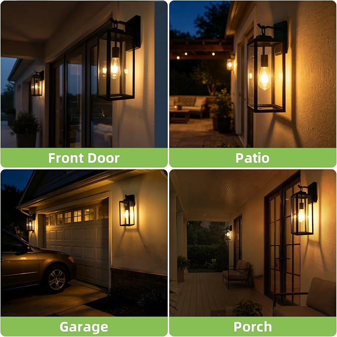 hykolity 18 Inch Outdoor Wall Light, Waterproof Lighting for House Exterior | Large Size Black Outdoor Light Fixture Wall Mount with Glass Shade, Lantern Light for Patio, Yard, Garage, Backyard, 2 Pack