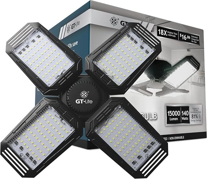 15,000 Lumen LED Adjustable 4 Panel Bulb, Uses Only 140W, Daylight, E26 Base, LED Garage Light for Indoors Workshop Warehouse