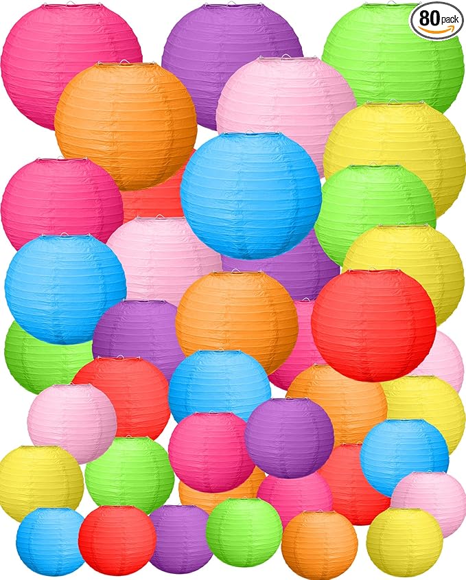 Treela 80 Pcs Paper Lanterns Chinese Japanese Lanterns for Wedding, 4'', 6'', 8'', 10'', 12'' Lamps for Ceiling Hanging Decor Spring Bridal Baby Shower Birthday Party Decorations Easter(Multicolor)