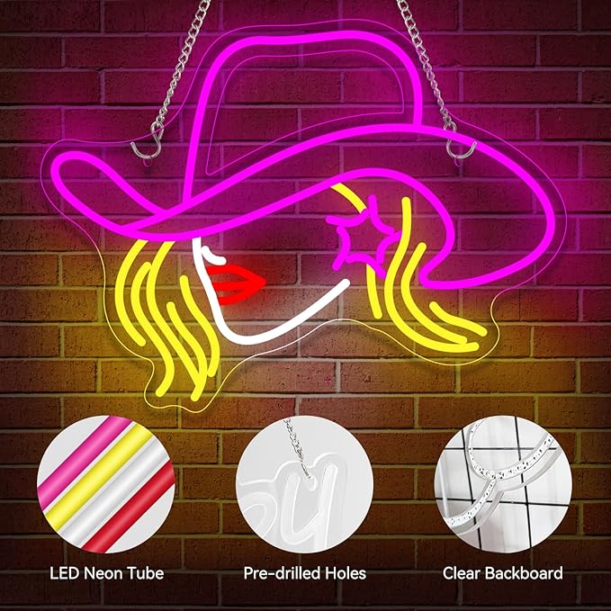Cowboy Hat Neon Signs for Wall Decor LED Pink Cowgirl Boot Neon Sign Pink Aesthetic Western Wall for Game Room Room Bar Party Birthday Gift (Cowboy Hat Girl)