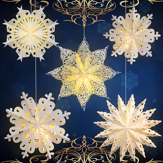 Mudder 5 Pieces Large Christmas Snowflake Paper Lantern with 7 Light 23.6/17.7 Inch Star Paper 3D Hanging Lantern Lamp Party Decoration for Weddings Holiday Xmas Trees(Cute Style,White)