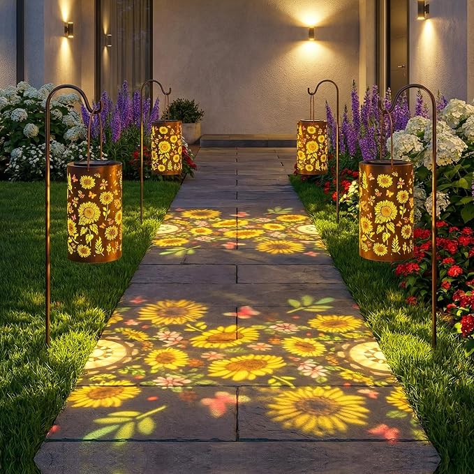 2Pack Colorful Solar Lanterns Outdoor Waterproof, Garden Decor Gifts for Women Mom Grandma - LED Colorful Sunflower Solar Powered Lights Metal Hanging Lantern for Outside Garden Patio Yard Lawn Porch