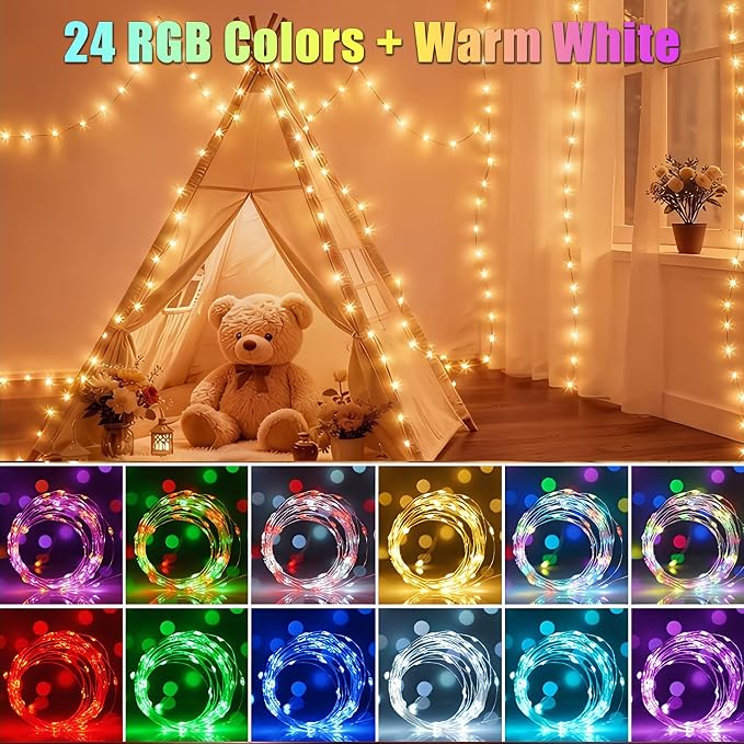 50FT 150 LED Fairy Lights Plug in, 30V 24 RGB Colors+Warm White Color Changing Twinkle Lights, 150 Lighting Modes Timer with Remote for Bedroom Trees Garden Party Wedding DIY Décor