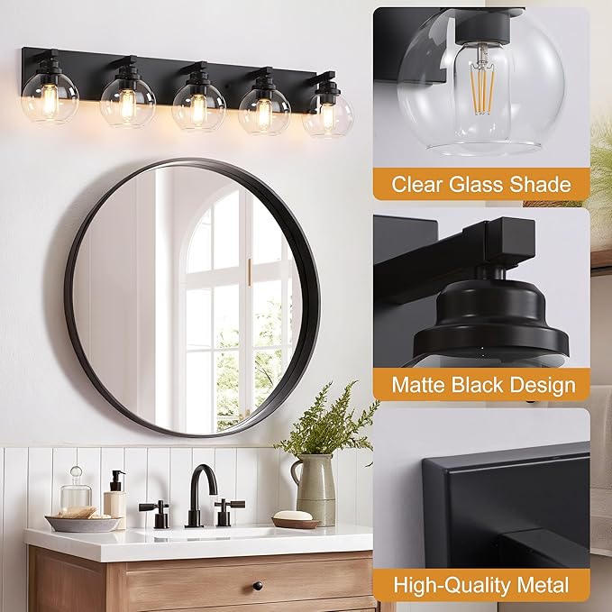 Bathroom Light Fixtures, 5-Light Matte Black Vanity Lights, Modern Bathroom Lighting Fixtures Over Mirror, Farmhouse Vanity Lights with Glass Shade for Living Room, Bedroom, Hallway