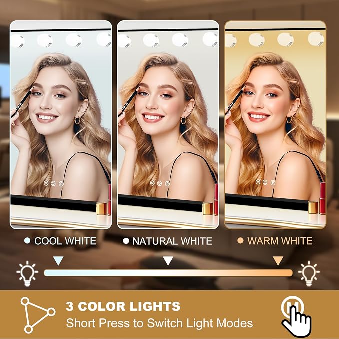 Moonee Vanity Mirror with Lights, Black Hollywood Lighted Makeup Mirror with 17 Dimmable Bulbs and 10X Magnification, 3 Colors Modes, Aluminum Metal Frame, Light Up Mirror for Tabletop/Wall（26" x 20"）
