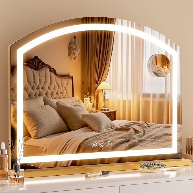 Hasipu Arch Vanity Mirror with Light, Arched Led Makeup Mirror with 10X Magnification, Tabletop Desk Mirror with USB Charging Port, Dimmable 3 Colors Mode, 32" x 24" Inch Gold