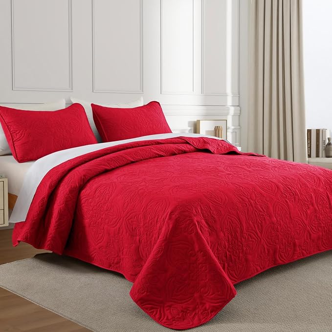 Whale Flotilla Twin Quilt Bedding Set Vintage Damask Reversible Bedspread | Suitable for Bed, 2 Pieces Red Lightweight Breathable Quilts Twin Size, Ultrasonic Coverlet Bed Cover with 1 Pillow Sham