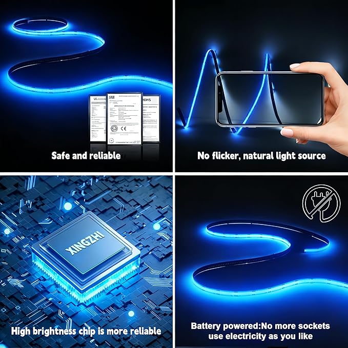 Battery Powered COB LED Strip Lights,3.28ft Ice Blue LED Light Strip for Dorm Room, Under Bed, Shelves, TV Backlight, Closet, Small Cuttable Tape Lights, Battery Operated LED Lights for TV