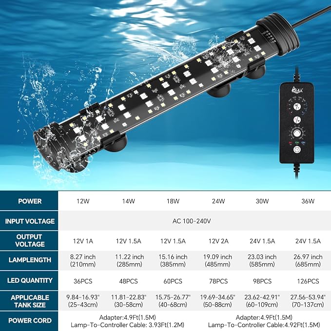 AQQA 15.16 Inch Submersible Aquarium Light, 24/7 Mode Fish Tank Light | 7 Adjustable Angles, 9 Color Options, 4 Rows Beads, Dimmable & Timer Control, IP68 Waterproof Full Spectrum Plant Light