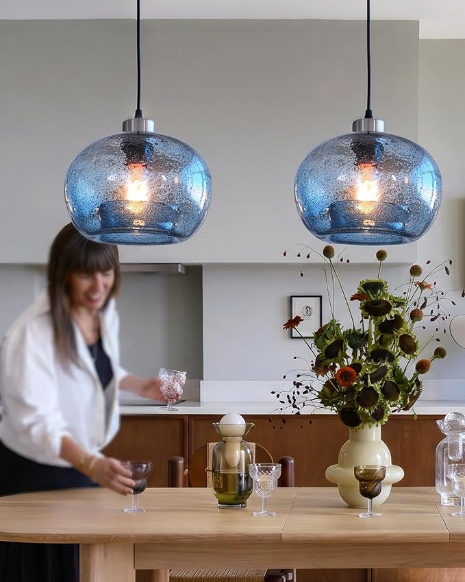 Blue Pendant Light, Hand Blown Glass,Brushed Nickel, 8.7 Inch | Modern Rustic Ceiling Hanging Fixtures Dimmable Kitchen Island Sink Foyer,Adjustable Cord ETL Certification