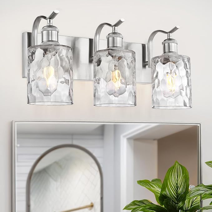 3-Light 20 Inch Bathroom Vanity Light,Hammered Glass,Nickel | Over Mirror Wall Light,E26 sockets,for bathroom mirror,powder room,dressing area