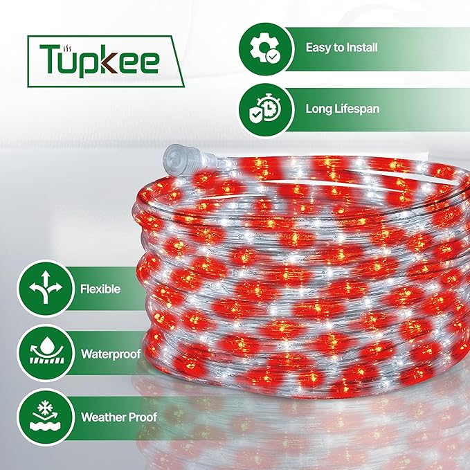 Tupkee LED Rope Light Red & Cool White - for Indoor and Outdoor use, 24 Feet (7.3 m) - 10MM Diameter - 144 LED Long Life Bulbs Rope Tube Lights