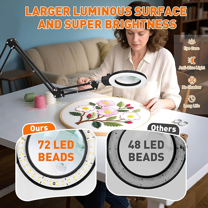 KIRKAS 12X & 30X Magnifying Glass with Light and Clamp, Extra-long Arm Magnifying Lamp Overhead Knob for Workbench Craft Repair Sewing, LED Lighted Magnifier Real Glass Lens Stepless Dimming and Color