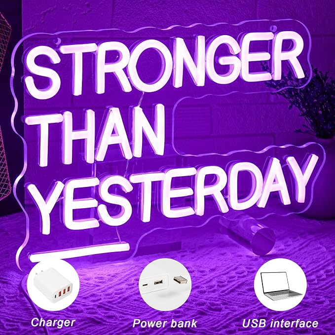 Stronger Than Yesterday Neon Sign for Wall Decor Gym Neon Light Purple Letter Neon light sign Dimmable USB Powered LED Neon Signs for Home Gymmer Fitness Club Classroom